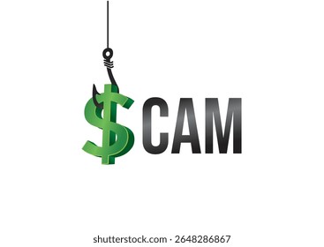 Anzol de pesca suspenso sobre um símbolo de dólar representando uma mensagem de "scam" para destacar fraudes financeiras e aumentar a conscientização sobre fraudes on-line