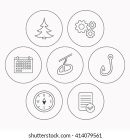 Fishing hook, teleferic and compass icons. Christmas tree linear sign. Check file, calendar and cogwheel icons. Vector