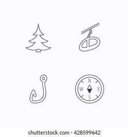 Fishing hook, teleferic and compass icons. Christmas tree linear sign. Flat linear icons on white background. Vector