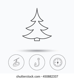 Fishing hook, teleferic and compass icons. Christmas tree linear sign. Linear icons in circle buttons. Flat web symbols. Vector