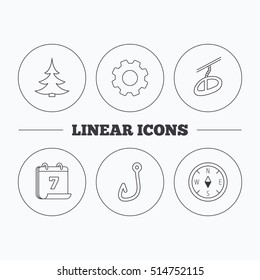 Fishing hook, teleferic and compass icons. Christmas tree linear sign. Flat cogwheel and calendar symbols. Linear icons in circle buttons. Vector