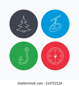 Fishing hook, teleferic and compass icons. Christmas tree linear sign. Linear icons on colored buttons. Flat web symbols. Vector