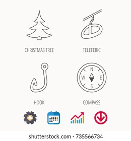 Fishing hook, teleferic and compass icons. Christmas tree linear sign. Calendar, Graph chart and Cogwheel signs. Download colored web icon. Vector