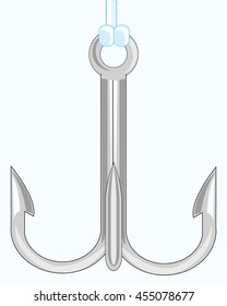 Fishing hook with three sharp teeths on white background