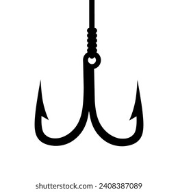 Fishing hook with two sharp hooks. Concept of fish trap in the sea with fishing line. Simple trap on white background. Vector illustration