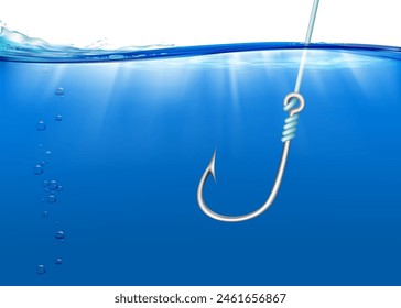 Gancho de pesca bajo el agua. Ilustración vectorial de acciones