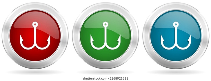 Fishing hook vector icon set. Red, blue and green silver metallic web buttons with chrome border