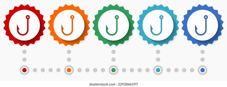 Fishing hook vector icon set, colorful infographic template, set of flat design badge icons in 5 color options