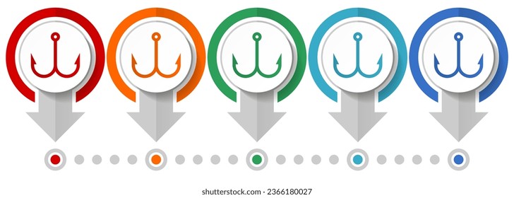 Fishing hook vector icon set, flat design infographic template, set pointer concept icons in 5 color options for webdesign and mobile applications