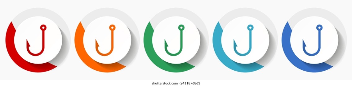 Fishing hook vector icon set, flat icons for logo design, webdesign and mobile applications, colorful round buttons