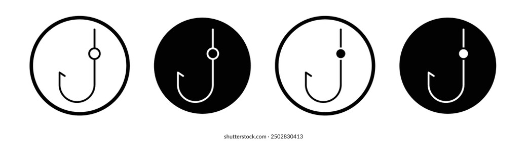 Fishing Hook vector icon set black filled and outlined style.