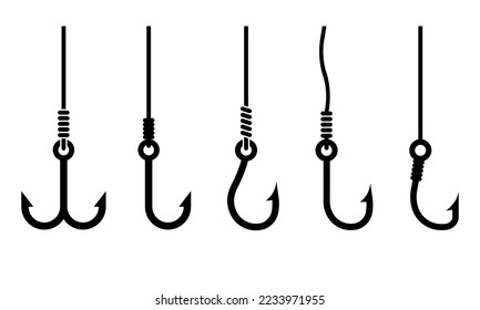 Juego de iconos vectoriales de gancho de pesca. Equipamiento de ángulo. Línea de pesca negra. Vector 10 EPS.