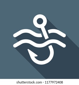 Fishing hook and water. Simple icon. White flat icon with long shadow on background