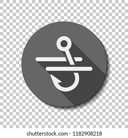 Fishing hook and water. Simple icon. flat icon, long shadow, circle, transparent grid. Badge or sticker style