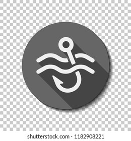 Fishing hook and water. Simple icon. flat icon, long shadow, circle, transparent grid. Badge or sticker style