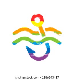 Fishing hook and water. Simple icon. Drawing sign with LGBT style, seven colors of rainbow (red, orange, yellow, green, blue, indigo, violet