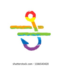 Fishing hook and water. Simple icon. Drawing sign with LGBT style, seven colors of rainbow (red, orange, yellow, green, blue, indigo, violet