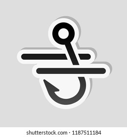 Fishing hook and water. Simple icon. Sticker style with white border and simple shadow on gray background