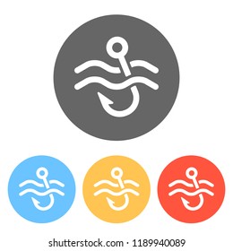 Fishing hook and water. Simple icon. Set of white icons on colored circles