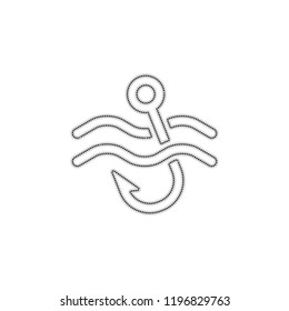 Fishing hook and water. Simple icon. Dotted outline silhouette with shadow on white background