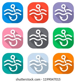 Fishing hook and water. Simple icon. Set of white icons on colored squares for applications. Seamless and pattern for poster