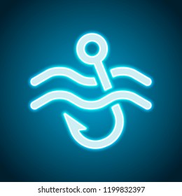 Fishing hook and water. Simple icon. Neon style. Light decoration icon. Bright electric symbol