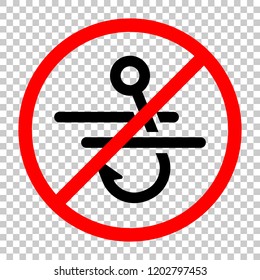 Fishing hook and water. Simple icon. Not allowed, black object in red warning sign with transparent background