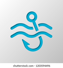 Fishing hook and water. Simple icon. Paper design. Cutted symbol with shadow