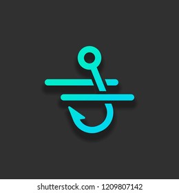 Fishing hook and water. Simple icon. Colorful logo concept with soft shadow on dark background. Icon color of azure ocean