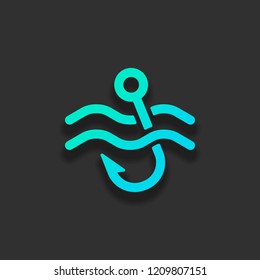 Fishing hook and water. Simple icon. Colorful logo concept with soft shadow on dark background. Icon color of azure ocean