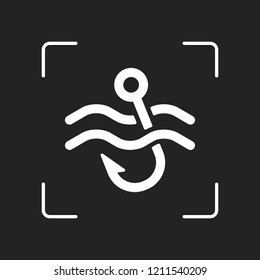 Fishing hook and water. Simple icon. White object in camera autofocus on dark background