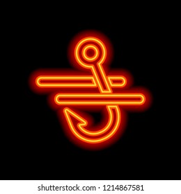 Fishing hook and water. Simple icon. Orange neon style on black background. Light icon