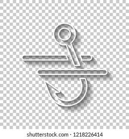 Fishing hook and water. Simple icon. White outline sign with shadow on transparent background