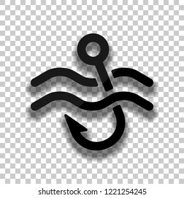 Fishing hook and water. Simple icon. Black glass icon with soft shadow on transparent background