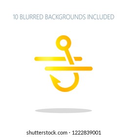 Fishing hook and water. Simple icon. Colorful logo concept with simple shadow on white. 10 different blurred backgrounds included