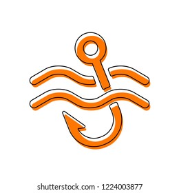 Fishing hook and water. Simple icon. Isolated icon consisting of black thin contour and orange moved filling on different layers. White background