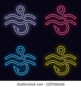 Fishing hook and water. Simple icon. Set of neon sign. Casino style on dark background.