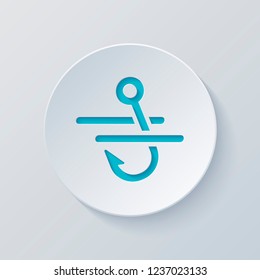 Fishing hook and water. Simple icon. Cut circle with gray and blue layers. Paper style