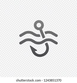 Fishing hook and water. Simple icon. On grid background