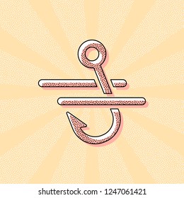 Fishing hook and water. Simple icon. Vintage retro typography with offset printing effect. Dots poster with comics pop art background