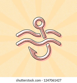Fishing hook and water. Simple icon. Vintage retro typography with offset printing effect. Dots poster with comics pop art background