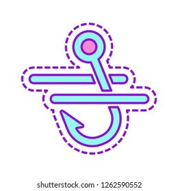 Fishing hook and water. Simple icon. Colored sketch with dotted border on white background