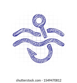 Fishing hook and water. Simple icon. Hand drawn sketched picture with scribble fill. Blue ink. Doodle on white background