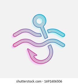 Fishing hook and water. Simple icon. Colored logo with diagonal lines and blue-red gradient. Neon graphic, light effect