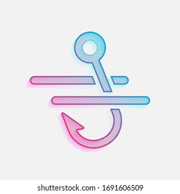 Agua y gancho de pesca. Icono simple. Logo coloreado con líneas diagonales y degradado azul-rojo. Gráfico neón, efecto ligero