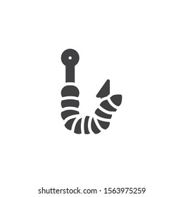 Fishing hook with worm vector icon. filled flat sign for mobile concept and web design. Worm on hook glyph icon. Symbol, logo illustration. Vector graphics