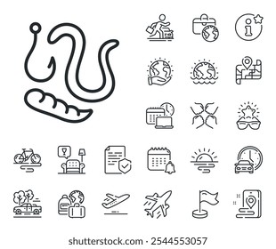 Angelhaken mit Wurmschild. Symbole für Flugzeuge, Reisepläne und Gepäckansprüche. Maggots locken Liniensymbol. Fischhaken Köder Symbol. Worms-Zeilensymbol. Autovermietung, Taxi-Transport-Symbol. Vektorgrafik