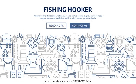 Fishing Hooker Banner Design. Vector Illustration of Outline Template.