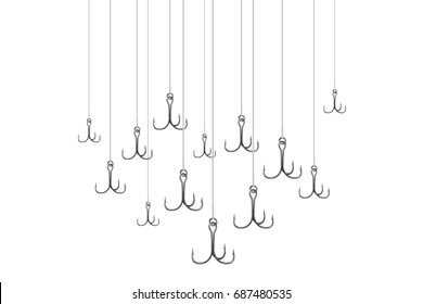 Fishing hooks backgrounds. Realistic hooks wallpaper for catching salmon, catfish, tuna, pike, perch, marlin, bass, trout or tarpon. Underwater wobblers vector for web and printed products.