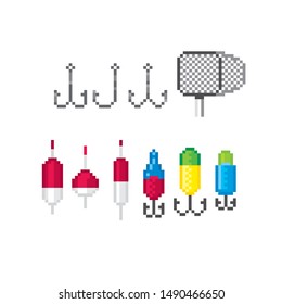 Fishing hooks, baubles, floats, landing net. Fishing tools icon set. PIxel art. 8-bit pixel. Element design for mobile app, web, sticker, logo. Game assets sprite. retro graphic.